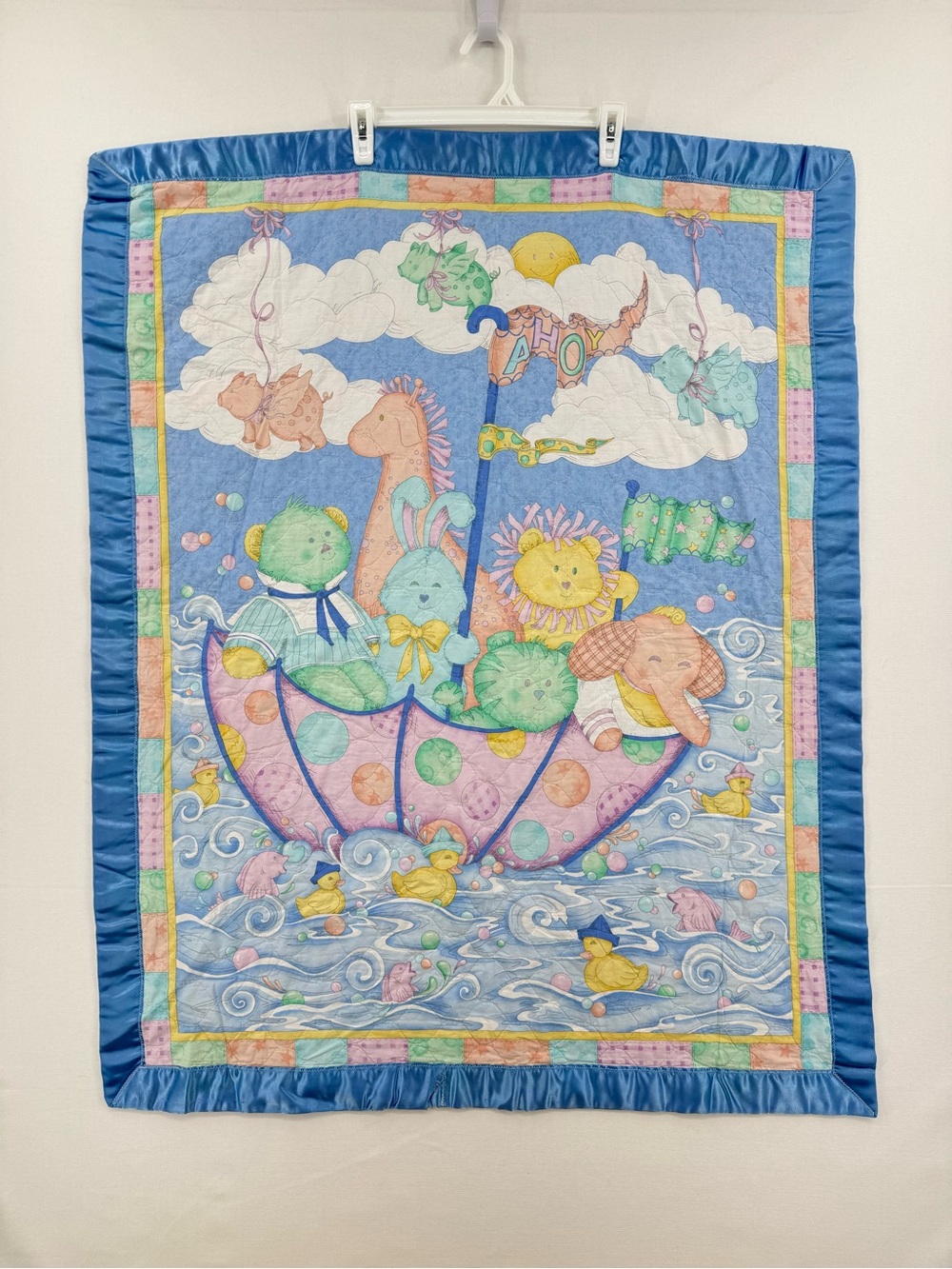 Vintage Baby Crib Quilt Noah’s Ark Animals Pastel Satin Trim Nursery Blanket